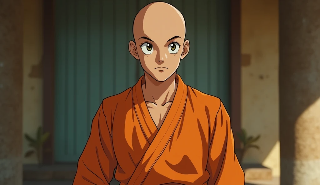Real life Man similar to japanese young actor as Kuririn from Dragon Ball Z, bald, size 5.6", with classic orange karate uniform of the anime, 1950s Super Panavision 70 film stock, 70mm, vintage, retro, great body, beautiful cinematography, grainy, Ultra 4k, ultra-detailed, ultra-realistic, 8k, hyper-detailed, cinematic lighting, cinematic composition, color graded, vibrant colors