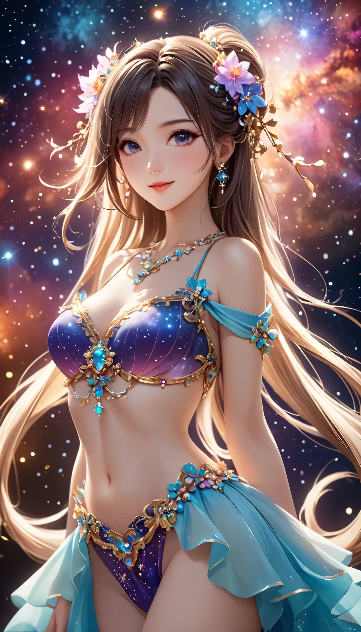 ((masterpiece, best quality, extremely detailed), volumetric lighting, ambient occlusion, colorful, glowing), 1girl, solo, young girl, (dark hair), long hair, halo, aura, sacred, goddess, cleric suit, (bikini with gold detailst:1.3), seethrough robe, outdoors, sunset, sky, clouds, space, (fantasy theme:1.2),