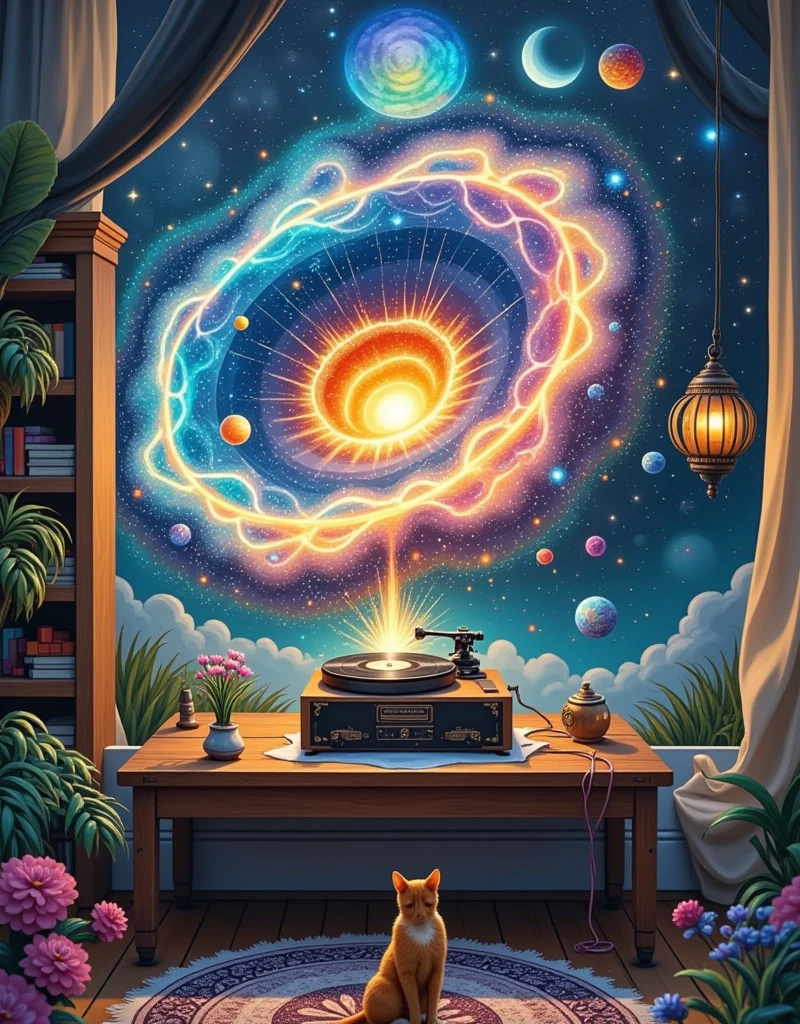 A surrealistic digital painting of a vintage record player sitting on a wooden table. As the record spins, a swirling galaxy spills out from the speaker, engulfing the room in stardust and nebulae. Planets and stars orbit around the record player, casting an ethereal glow on the surrounding objects. A cat sits on the table, seemingly unfazed, gazing curiously at the cosmic phenomenon. The room is dimly lit, with warm light emanating from the galaxy. The scene has a whimsical and dreamlike quality, with intricate details and a vibrant color palette. 8k resolution, fantasy art, trending on artstation, award-winning.