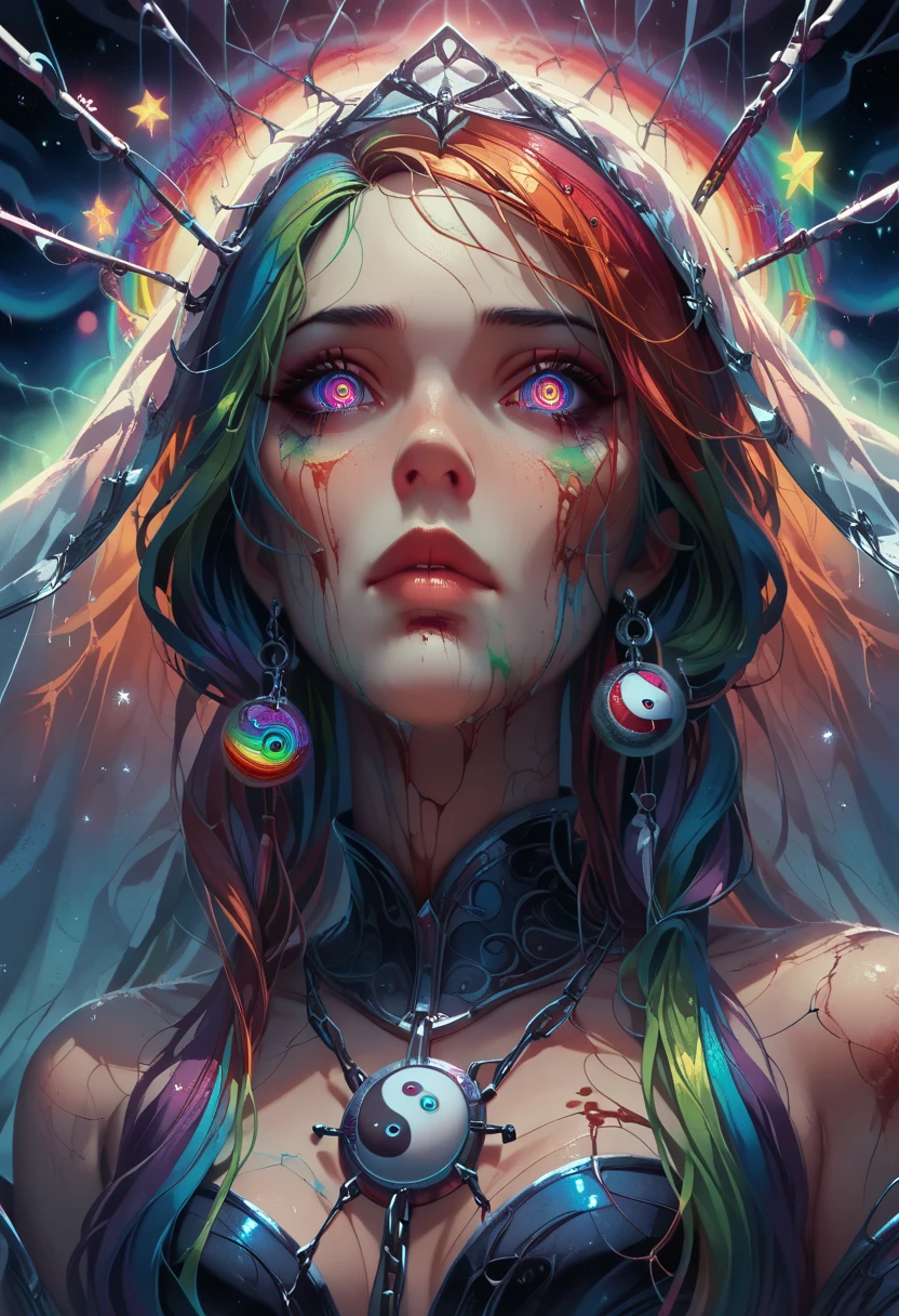 cartoon style, masterpiece, best quality, ultra high res, extremely detailed, (psychedelic art:1.4), woman, veil, visually stunning, beautiful, award-winning illustration, cosmic space background, ethereal atmosphere, ultra quality, beautiful girl, cosmical concept, rainbow strings, rainbow skin, rainbow bloody veins growing and intertwining out of the darkness, nailed wire, oozing thick blue blood, sharp neon, veins growing and pumping blood, vascular networks growing, green veins everywhere, yin and yang, glowing space, glowing stars, infinity symbol, closeup,