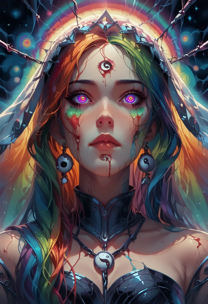 cartoon style, masterpiece, best quality, ultra high res, extremely detailed, (psychedelic art:1.4), woman, veil, visually stunning, beautiful, award-winning illustration, cosmic space background, ethereal atmosphere, ultra quality, beautiful girl, cosmical concept, rainbow strings, rainbow skin, rainbow bloody veins growing and intertwining out of the darkness, nailed wire, oozing thick blue blood, sharp neon, veins growing and pumping blood, vascular networks growing, green veins everywhere, yin and yang, glowing space, glowing stars, infinity symbol, closeup,