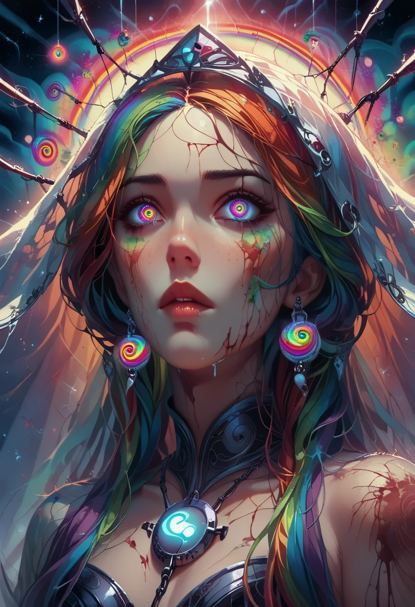 cartoon style, masterpiece, best quality, ultra high res, extremely detailed, (psychedelic art:1.4), woman, veil, visually stunning, beautiful, award-winning illustration, cosmic space background, ethereal atmosphere, ultra quality, beautiful girl, cosmical concept, rainbow strings, rainbow skin, rainbow bloody veins growing and intertwining out of the darkness, nailed wire, oozing thick blue blood, sharp neon, veins growing and pumping blood, vascular networks growing, green veins everywhere, yin and yang, glowing space, glowing stars, infinity symbol, closeup,