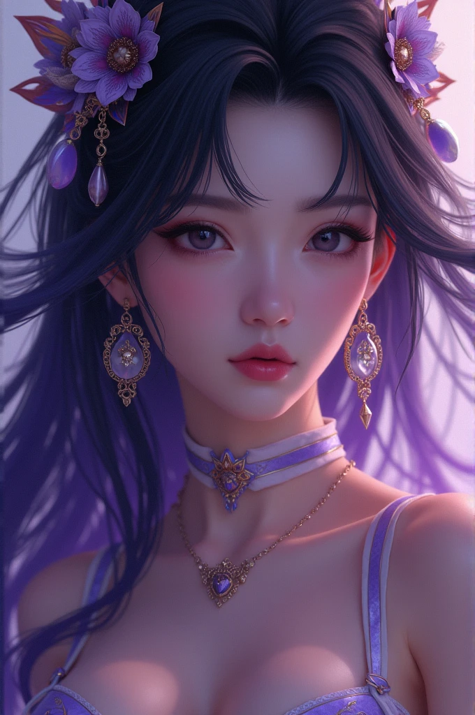 8K Ultra HD, masutepiece, Best Quality, beautiful Girl, Long hair, Impressive hairstyle, Royal Hair Jewelry, Pretty cute face, face perfect, Jewelry Earrings, Antique Jewelry, Eye for detail, Beautiful eyes, meticulous makeup, Thin eyebrows, Beautiful red lips, medium breasts, purple mesh socks, Light purple silk shirt with a lot of white motifs, White lace shirt, Long platinum purple ponytail with long bangs, Realistic colors, Magic Effects, ancient hanfu background, looking directly at the viewer, Sitting, Full body capture,