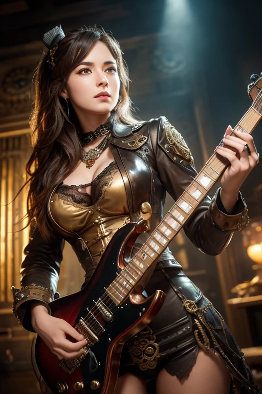 best quality, masterpiece, realistic, 1 woman, a scourge Aasimar in DND setting,
, (((bard costume(inspired by supergirl:0.7)))) , blue eyes, black hair, female focus,