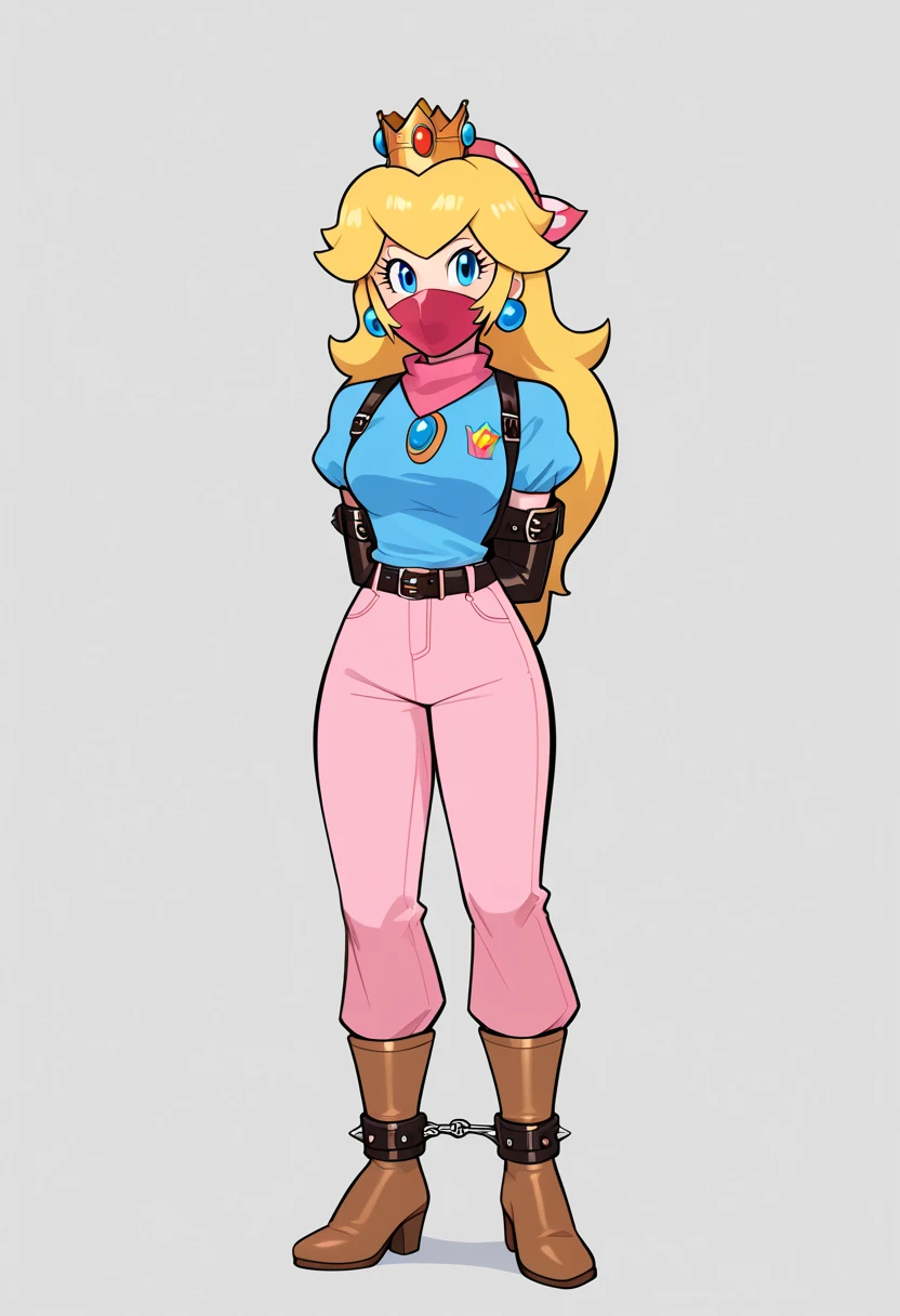 score_9, score_8_up, score_7_up, 1girl, solo, ( (Peach, Peach from super mario lore,  princess Peach, IncrsPchWestern, long hair, cowboy western, pants, belt, blue shirt, vest, brown gloves, jewelry, earrings), (front view), perfect proportions, simple background, standing, , bound arms, arms behind back, full body, bandana mask, tight mask, red mask,  (armbinder: 1.6) ) 