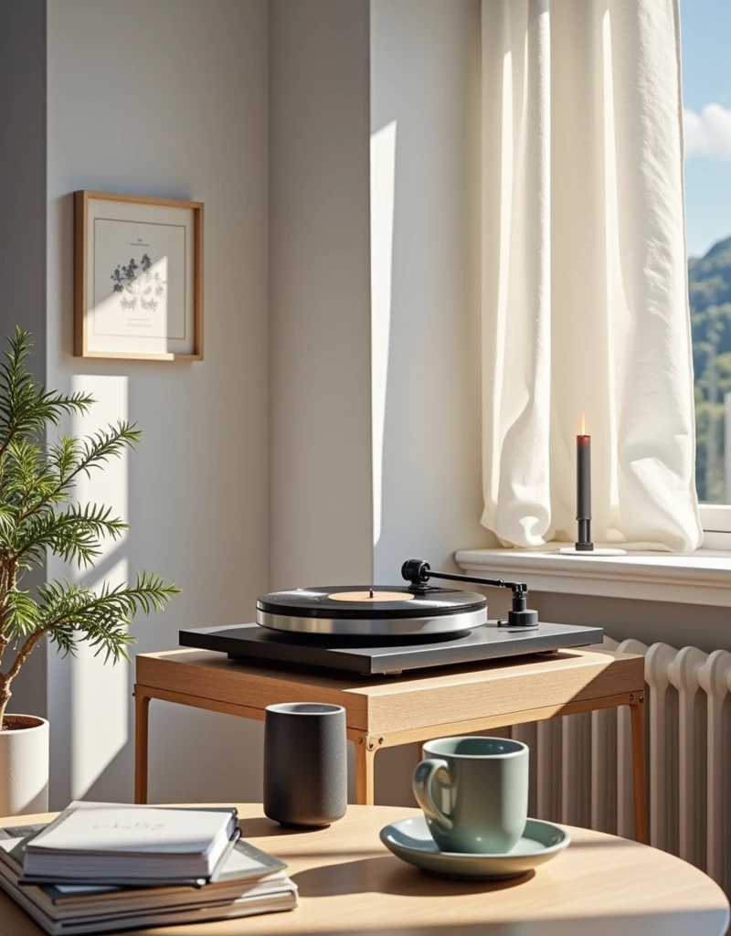 A minimalistic scene with a record player and vinyl records, a vintage or modern turntable, a single vinyl record spinning on the turntable, simple elegant design of the equipment. A clean minimalist room setup, a small table or shelf for the record player, minimalistic decor elements like a plant or a candle. A calm and relaxing atmosphere, the gentle sound of Lo-Fi beats playing, a focus on simplicity and elegance. Soft neutral tones dominating the palette, warm ambient lighting creating a cozy feel, gentle shadows adding depth and warmth. A few vinyl records stacked neatly nearby, a pair of small speakers emitting warm sound, a cup of coffee or tea on the table.