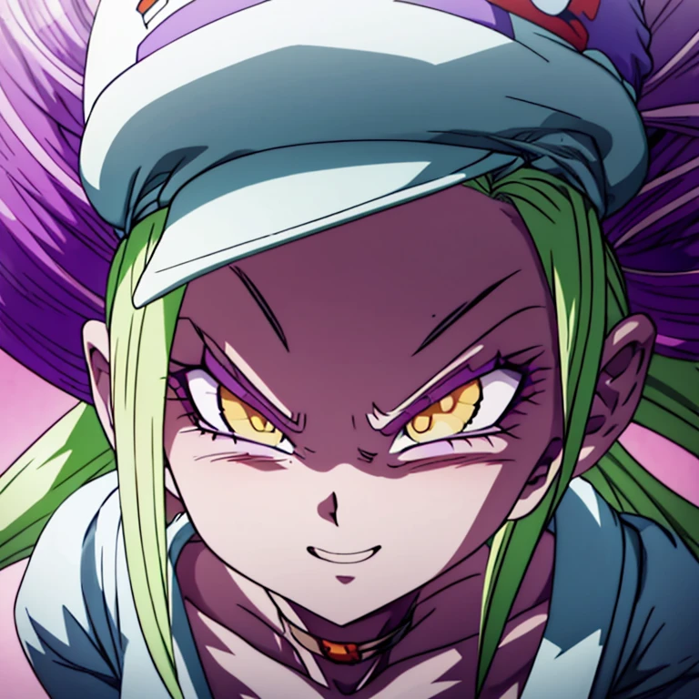 Anime, high detailed, DBSuper Style, 1 girl, wizard hat, evil grin, violet clothes, wizard's hat, long green haur