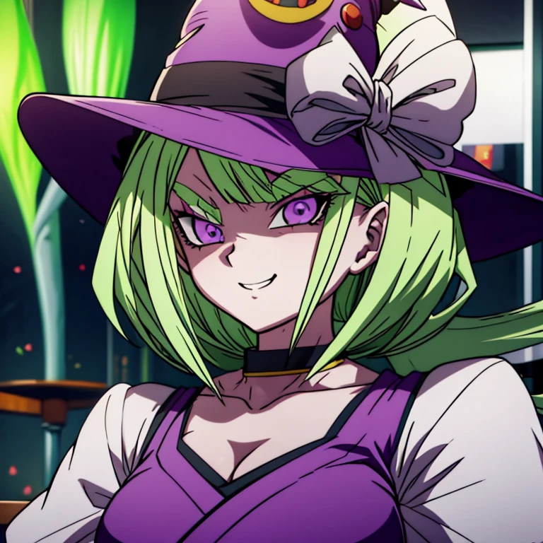 Anime, high detailed, DBSuper Style, 1 girl, wizard hat, evil grin, violet clothes, wizard's hat, long green haur