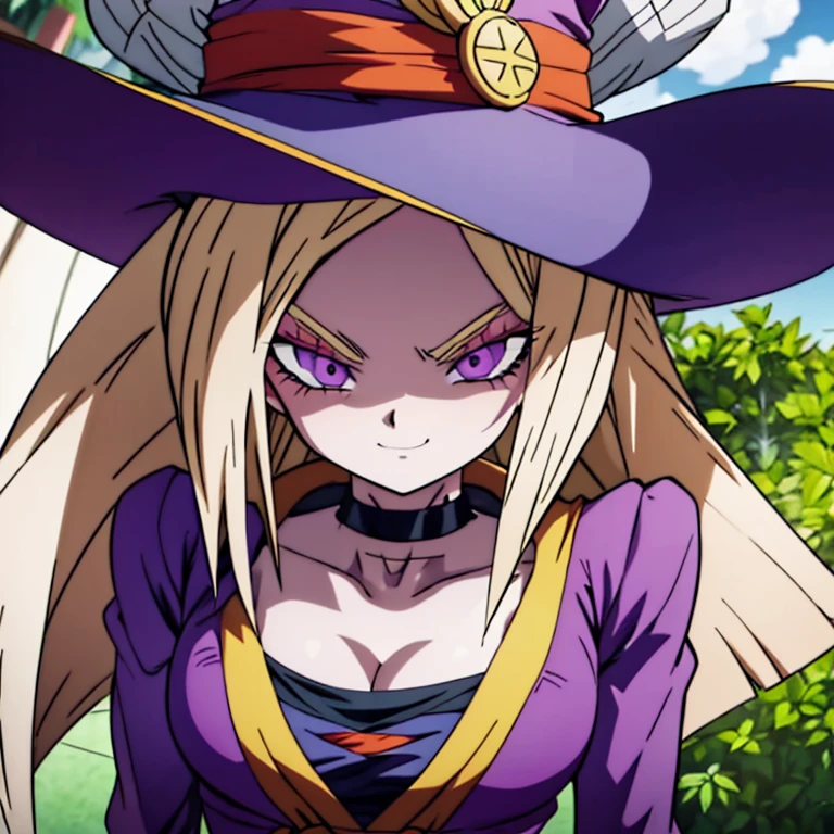 Anime, high detailed, DBSuper Style, 1 girl, wizard hat, evil grin, violet clothes, wizard's hat, long green haur