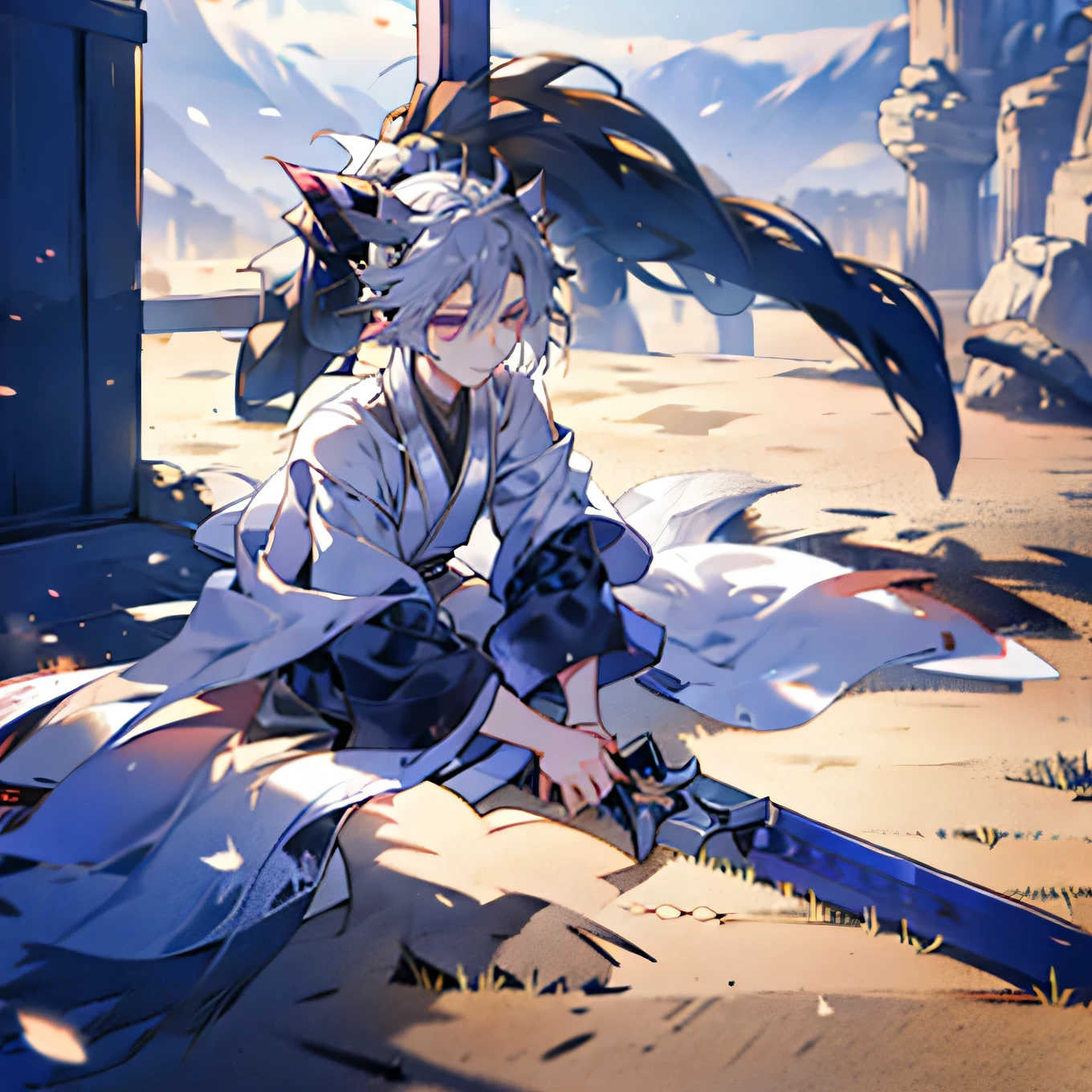 male, holding a sword ,Injury to the Cross, Silver Hair,Cat ears,Horizontal position,samurai,Draw your sword,Cat ears