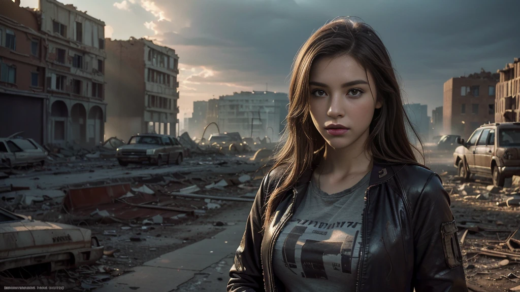 masterpiece, high resolution,8K,(Portrait Photos:1.5),(R Original Photo),Reality,Digital Photography,(Apocalyptic ruins ),City ruins，beautiful 20 year old woman，sentry， post-apocalyptic scene，Medium distance photography， broken clothes