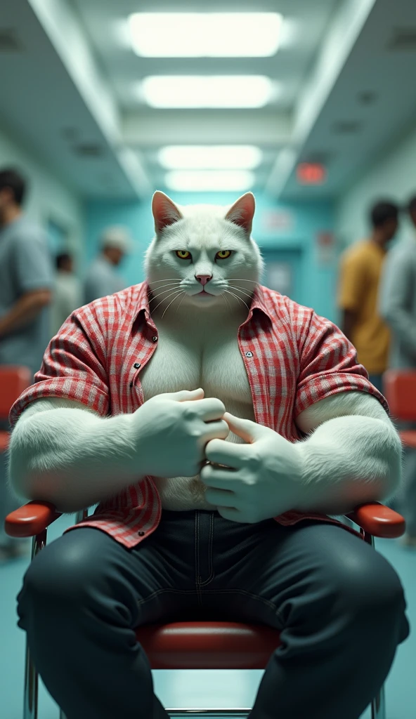 The zombie Big bodybuilder white cat The doctor preparing the injection with the antidote, showing the seriousness of the moment. Pixar style