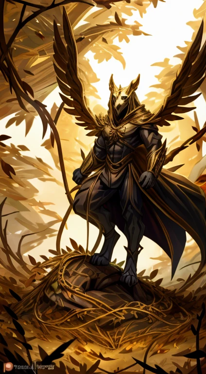 high quality, masterpiece, best detail, full-length, furry black wolf male in black armor with golden feathers and leaves, hands shrouded in golden light, summons vines with thorns from the ground