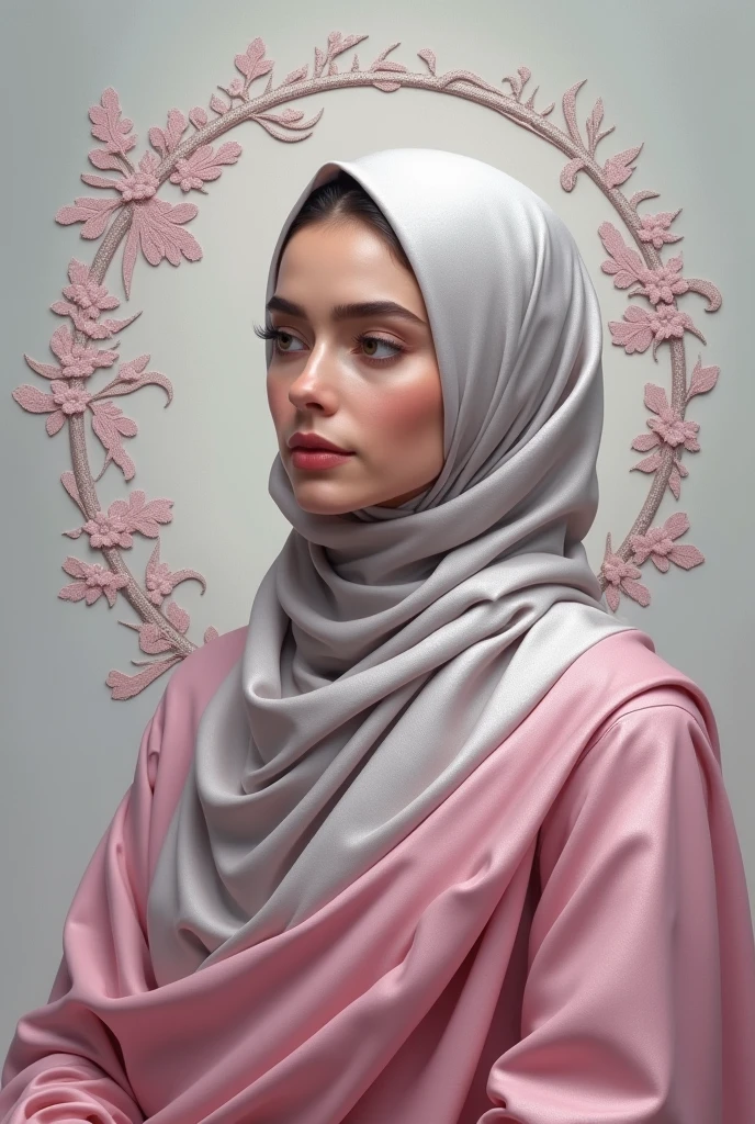 best quality, masterpiece:1.3 portrait), detailed, perfect face,hijab satin pink . 35year old women, (( . ((Nude breast))((Full body nude). ((Big tight)).skinny . medium busty breast saggy.