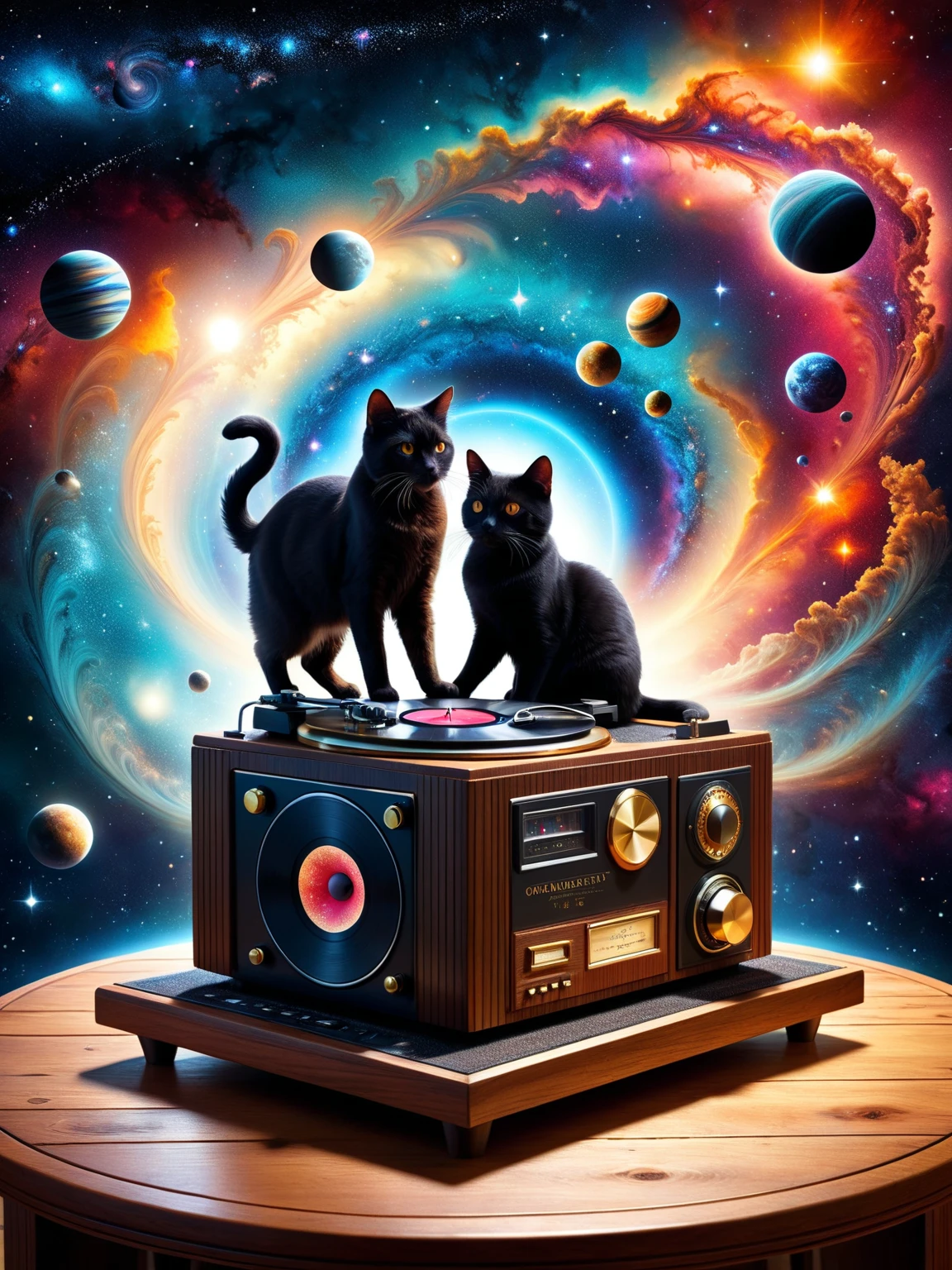 A surrealistic digital painting of a vintage record player sitting on a wooden table. As the record spins, a swirling galaxy spills out from the speaker, engulfing the room in stardust and nebulae. Planets and stars orbit around the record player, casting an ethereal glow on the surrounding objects. A cat sits on the table, seemingly unfazed, gazing curiously at the cosmic phenomenon. The room is dimly lit, with warm light emanating from the galaxy. The scene has a whimsical and dreamlike quality, with intricate details and a vibrant color palette. 8k resolution, fantasy art, trending on artstation, award-winning.
