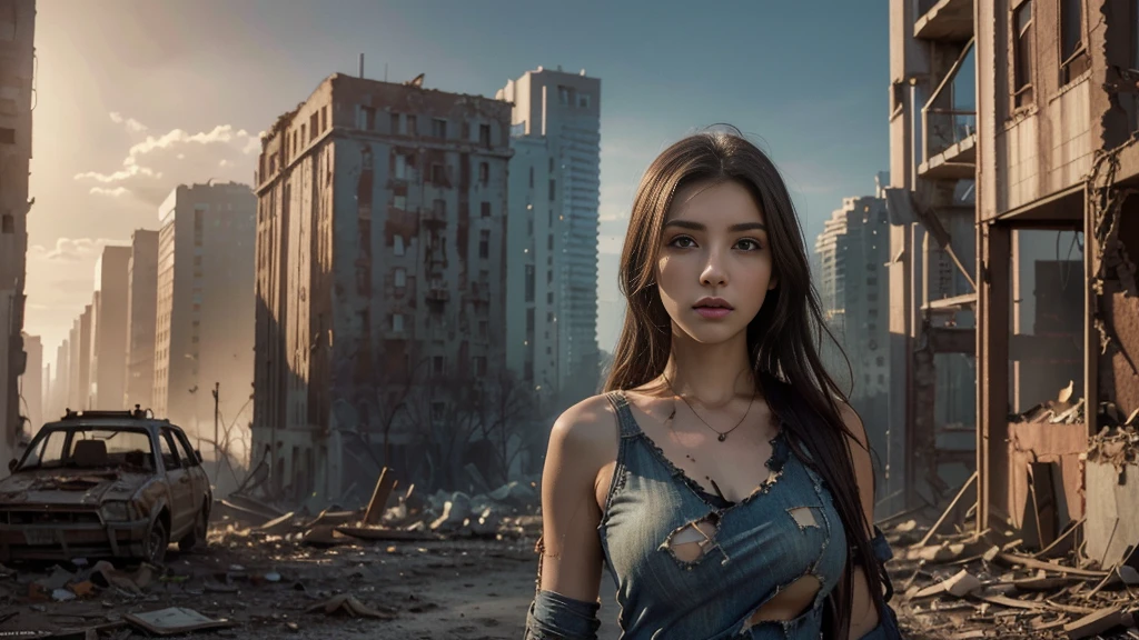 masterpiece, high resolution,8K,(Portrait Photos:1.5),(R Original Photo),Reality,Digital Photography,(Apocalyptic ruins ),City ruins，beautiful 20 year old woman，sentry， post-apocalyptic scene，Medium distance photography， torn clothes 