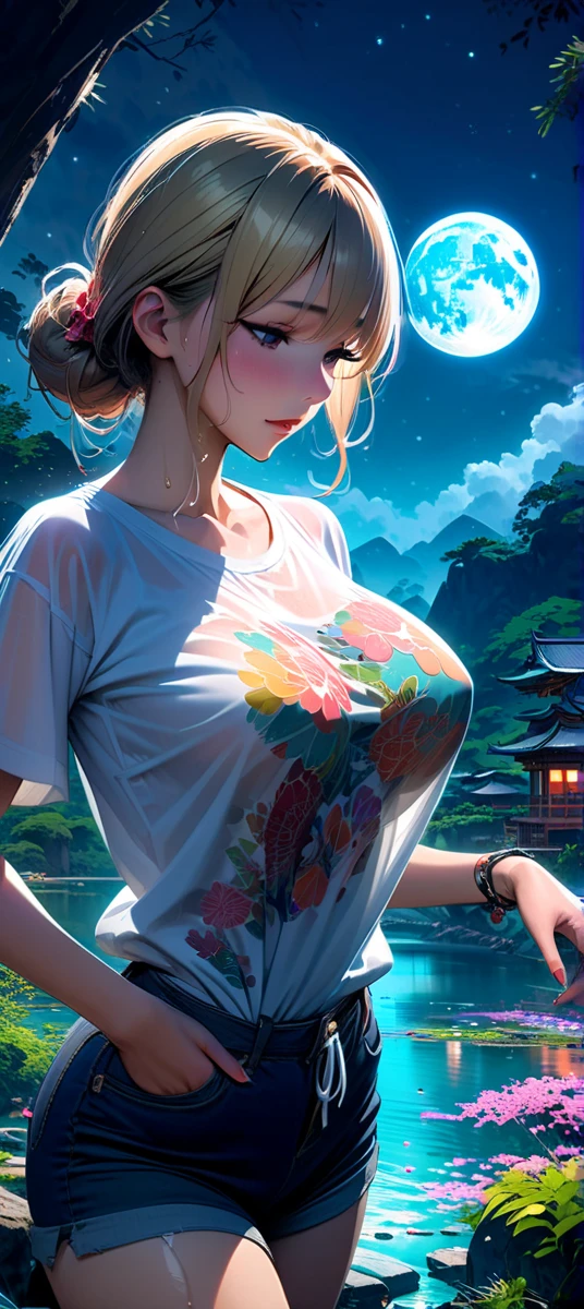 Big busty（Background with：ponds，Cherry blossom forest，lotus flower）Lie underwater， She has short blonde hair，bobo head，seen from the front，mostly cloudy sky，（（（tmasterpiece），（Very detailed CG unity 8K wallpaper），best qualtiy，cinmatic lighting，detailed back ground，beatiful detailed eyes，Bright pupils，Blue eyes，Snow-whiteskin，Redlip（Very fine and beautiful），（Beautiful and detailed eye description），ultra - detailed，tmasterpiece，））facing at camera，A high resolution，ultra - detailed），revealing breasts，Bare genitalia，  Bulge，legs are open，Raised sexy，Camel toes，Desire for dissatisfaction，frontage，（Wearing ：耳Nipple Ring， jewely， Denim apron， Bare ）beret