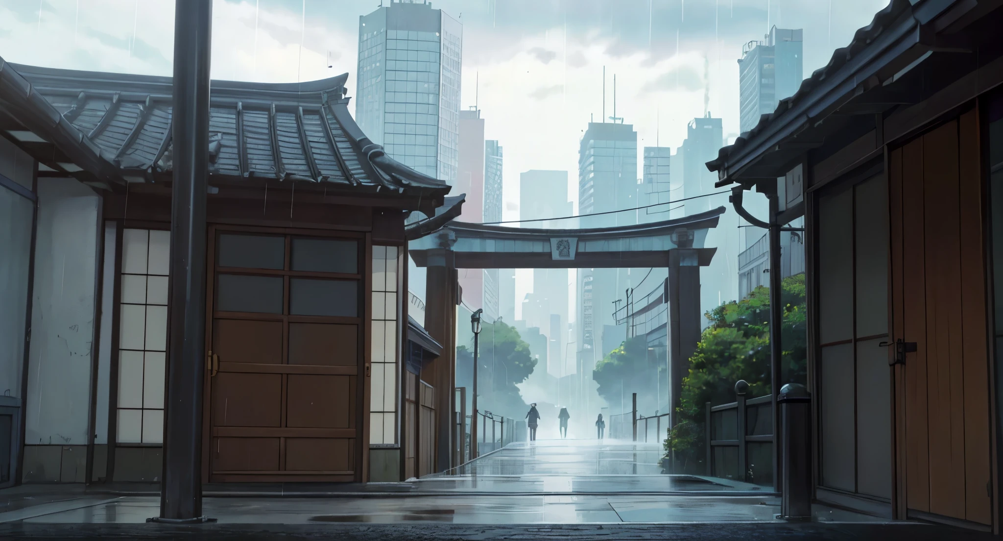 The year is 1980 in Japan.

Tokyo Jujutsu High serves not only as a training ground for the next generation of sorcerers but a headquarters for all alumni who have graduated on to be full-fledged jujutsu sorcerers as well. All sorcerers play a role in mentoring jujutsu students, whether in a teacher's role or accompanying them on missions. Weaker sorcerers are assigned the roles of windows (窓まど, Mado?), someone who can see curses but is not considered a full-fledged sorcerer or assistant manager (補ほ助じょ監かん督とく, Hojo Kantoku?) to contribute as well.

Close View from the Bridge Gate.

Rainy Sky. Raindrops falling.

(Daytime) ((Light Grey Sky)) (GREY)

(No humans) (No People) (No Citizen) (No Pedestrians)

High Quality,
UHD Quality,
2k,
4K Resolution,
8K Resolution,