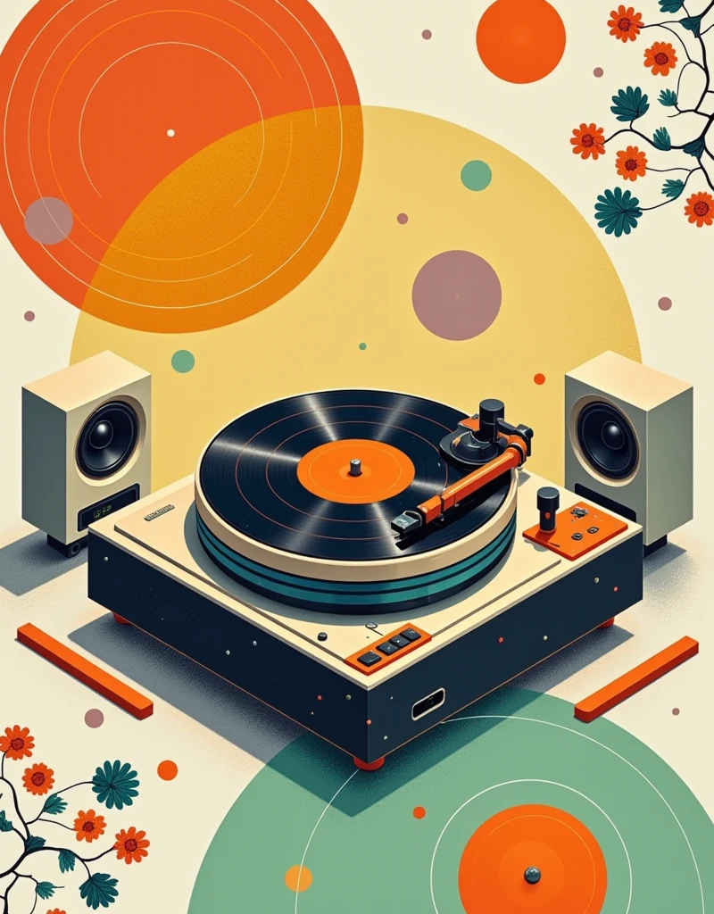 Image featuring a stylized representation of a vintage turntable and speaker system. The design should include geometric shapes and a vintage color palette with shades of orange, yellow, cream, green and black. The composition should be balanced with the turntable as the central element, surrounded by circular shapes that give the impression of records or speakers, and additional abstract elements that add a vintage feel to the piece