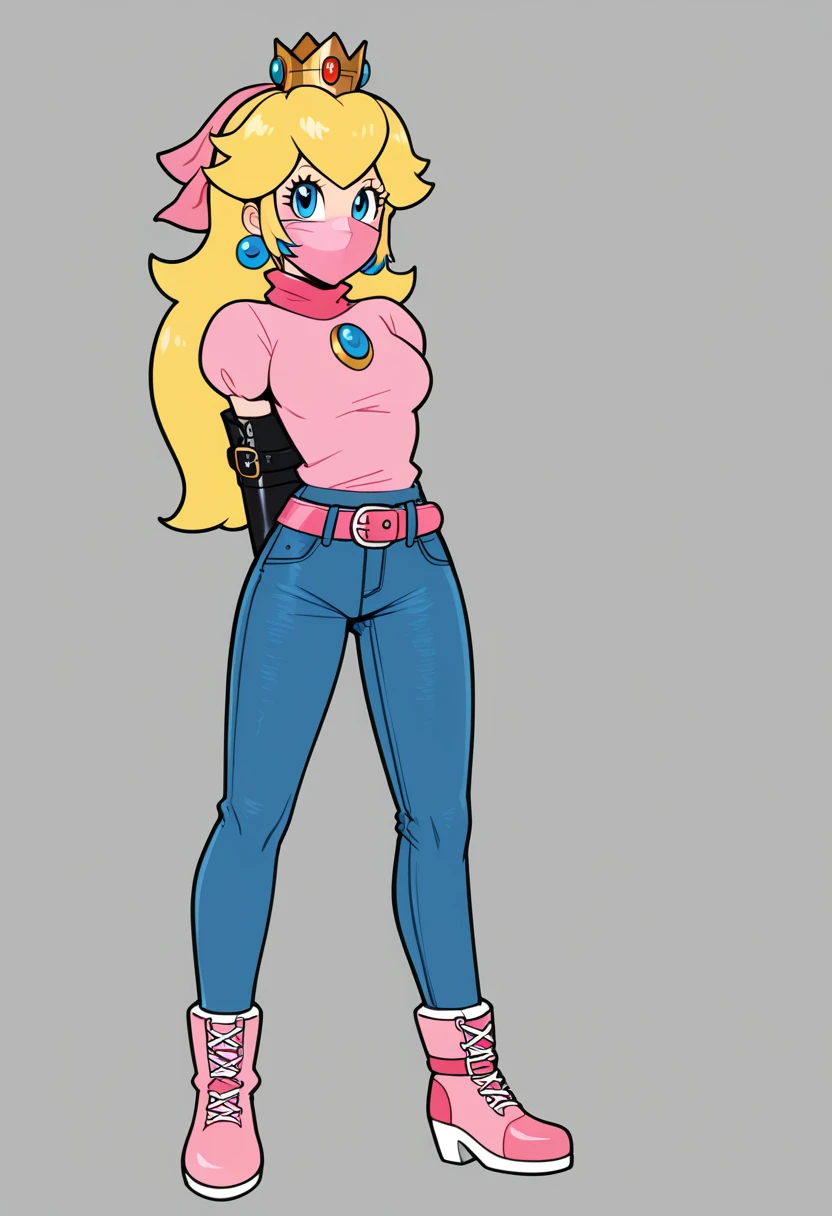 score_9, score_8_up, score_7_up, 1girl, solo, ( (Peach, Peach from super mario lore,  princess Peach cowgirl, IncrsPchWestern, long hair, cowboy western, blue shorts jeans, belt, blue v shirt , jewelry, earrings), (front view), perfect proportions, simple background, standing, , bound arms, arms behind back, full body, bandana mask, tight mask, red mask,  (armbinder: 1.6) ) 