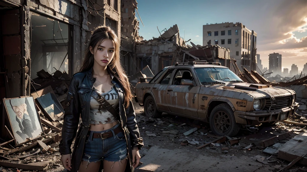 masterpiece, high resolution,8K,(Portrait Photos:1.5),(R Original Photo),Reality,Digital Photography,(Apocalyptic ruins ),City ruins，beautiful 20 year old woman，sentry， post-apocalyptic scene，Medium distance photography， torn clothes 