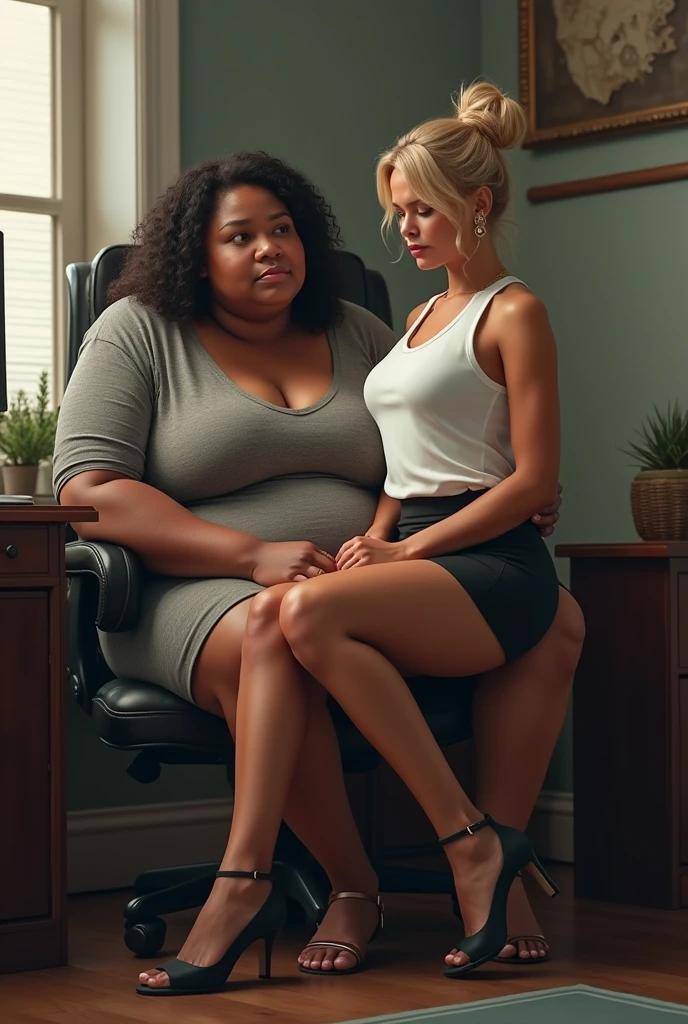 Create a realistic image of a young woman in her 20s, obese, with black and dark skin, with short hair, wearing a white shirt and black skirt and wearing prescription glasses, carrying a 2 young woman in his arms in the air, with light white skin, blonde hair long, slim body, naked on top with her breasts visible and wearing jeans.