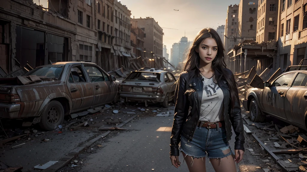 masterpiece, high resolution,8K,(Portrait Photos:1.5),(R Original Photo),Reality,Digital Photography,(Apocalyptic ruins ),City ruins，beautiful 20 year old woman，sentry， post-apocalyptic scene，Medium distance photography， torn clothes 