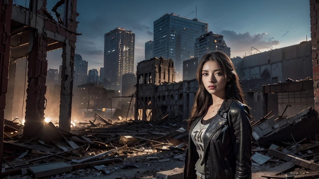 masterpiece, high resolution,8K,(Portrait Photos:1.5),(R Original Photo),Reality,Digital Photography,(Apocalyptic ruins ),City ruins，beautiful 20 year old woman，sentry， post-apocalyptic scene，Medium distance photography， torn clothes 