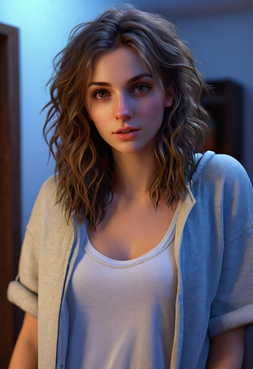 Realistyczne, sexy Realistic, Photorealistic, Extremely attractive 26 yo girl, 1girl solo, American, close-up, girl next door, baggy clothes, night, interior, messy hair, UDAN rendering enabled on ultra