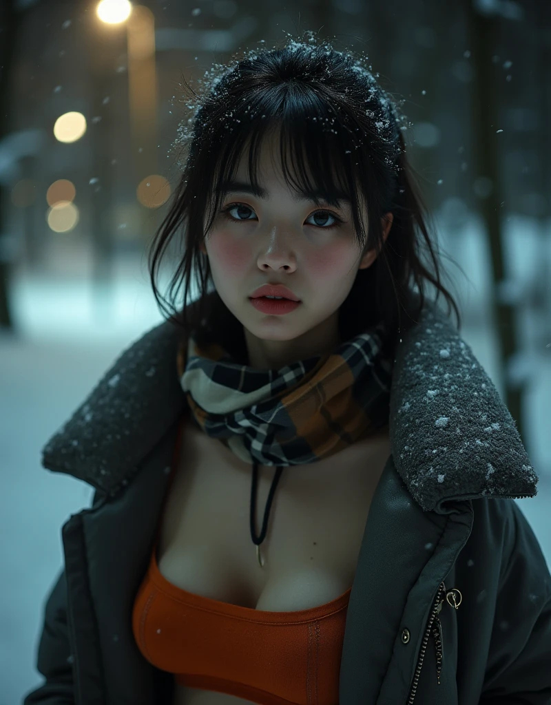 8k, RAW photo, highest quality, masterpiece, real, realistic like a film photo, ((No flash shooting: 1.4)), ((Dark photo: 1.4)), (Snowy night in midwinter: 1.4), Winter fashion in a quiet park in New York, (Warm-looking gray down coat with the chest open wide to seduce a man: 1.4), (Wearing an orange thin tube top and (a warm-looking plaid scarf knitted with green and red yarn: 1.4)), Asian woman 1 People, (short, messy black and silver hair: 1.4), small face, thin nose, plump lips, flushed cheeks, white breath, moist eyes, ((emphasizing huge breasts: 1.4)), solo, expression of yearning for something, ((temptation from a beautiful woman: 1.4)), dim lights in a park, (seductive eyes staring at the viewer and seducing: 1.4), falling snow, the dark and blurry snow-covered park scenery becomes blurred,