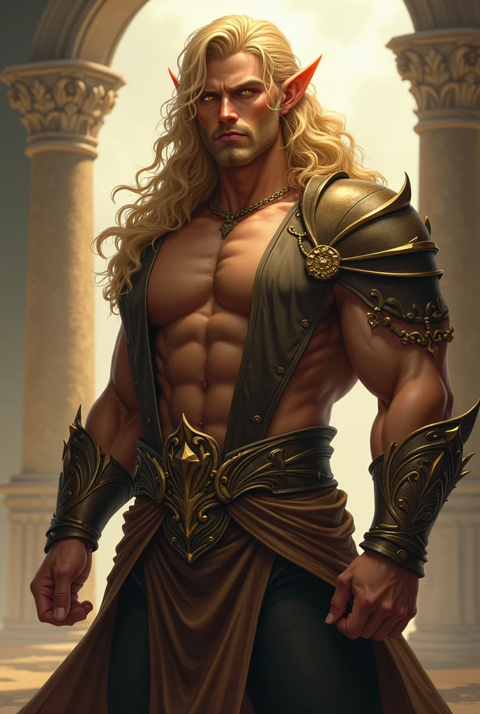 painted portrait of a stout Thor, god of thunder, young greek god, blond windy hair, male, insanely handsome, upper body, muscular, hairy torso, fantasy, intricate, elegant, highly detailed, digital painting, art station, concept art, soft, sharp focus, illustration, gold fabric and jewelry art by Gaston Bussiere and Alphonse Mucha