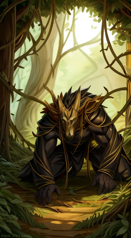 high quality, masterpiece, best detail, full-length, furry black wolf male in black armor with golden feathers and leaves, hands shrouded in golden light, summons vines with thorns from the ground