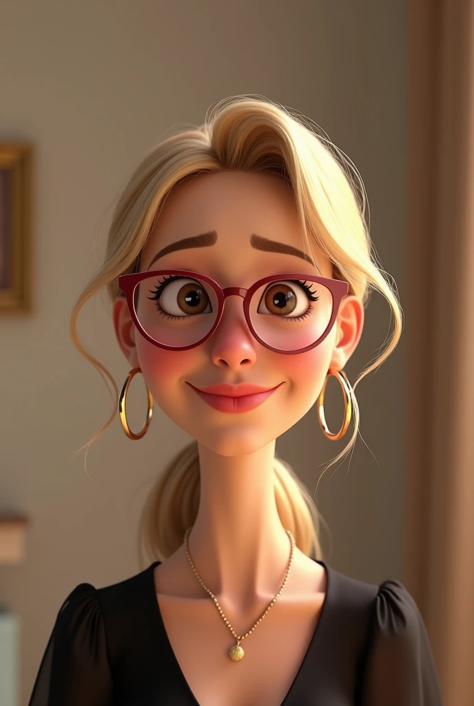 Pixar-style: woman with long dark golden blonde hair, eyes browns, rectangular glasses, light-colored social shirt and who likes wine
