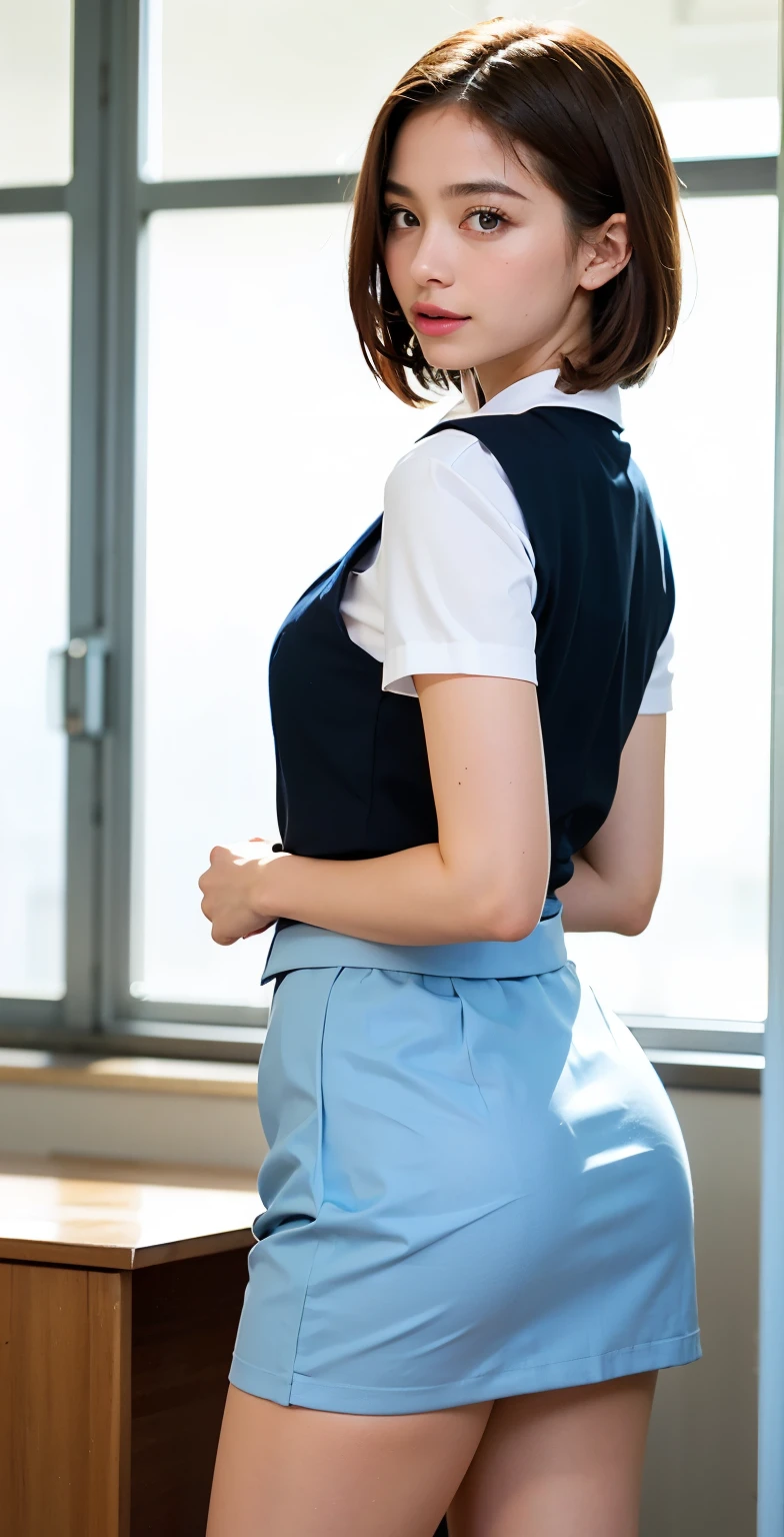 Enhanced dynamic perspective，Cute round face girl，JK school uniform，Look at me and smile，Simple background，Works of masters，high quarity，4K resolution，super-fine，She lifts the hem of her skirt herself to show off her white panties.