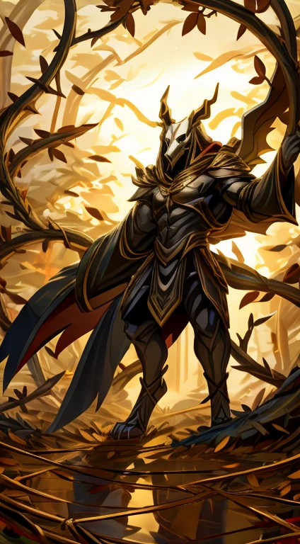 high quality, masterpiece, best detail, full-length, furry black wolf male in black armor with golden feathers and leaves, hands shrouded in golden light, summons vines with thorns from the ground