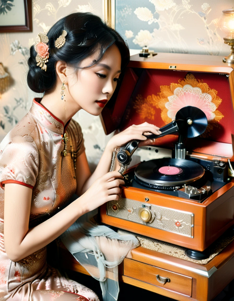 polaroid, film, graininess A Elegant and dignified woman in cheongsam interacting with a vintage-looking phonograph near a bed, insane intricate detail, head slightly tilted, Ambiguous and romantic atmosphere, indistinguishable from reality, film pellet, grain, lens flare, retro, aegyo sal