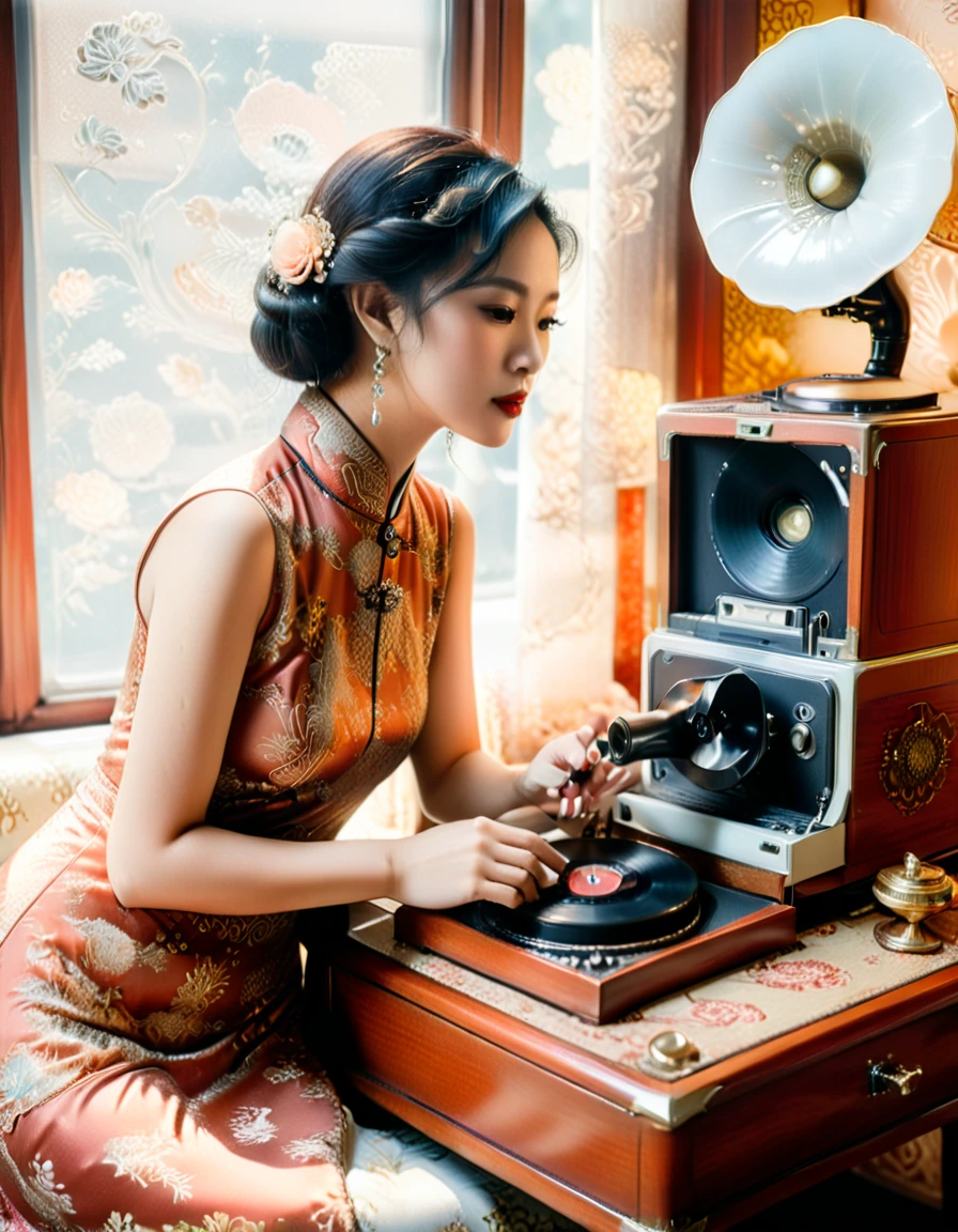 polaroid, film, graininess A Elegant and dignified woman in cheongsam interacting with a vintage-looking phonograph near a bed, insane intricate detail, head slightly tilted, Ambiguous and romantic atmosphere, indistinguishable from reality, film pellet, grain, lens flare, retro, aegyo sal