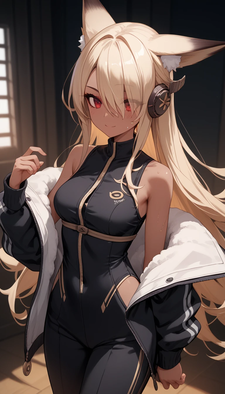  dark skin ,  hair covers the eye, 1 girl,  long golden hair , 4K,  red eyes , , fox ears,  duration, hair template ,   compose, black mascara, sleeveless, black wool tracksuit, thief costume ,  sweat, height 180 centimeters,  beautiful, anime,  dynamic pose, in the room,  lustful smile, unbuttoned , 