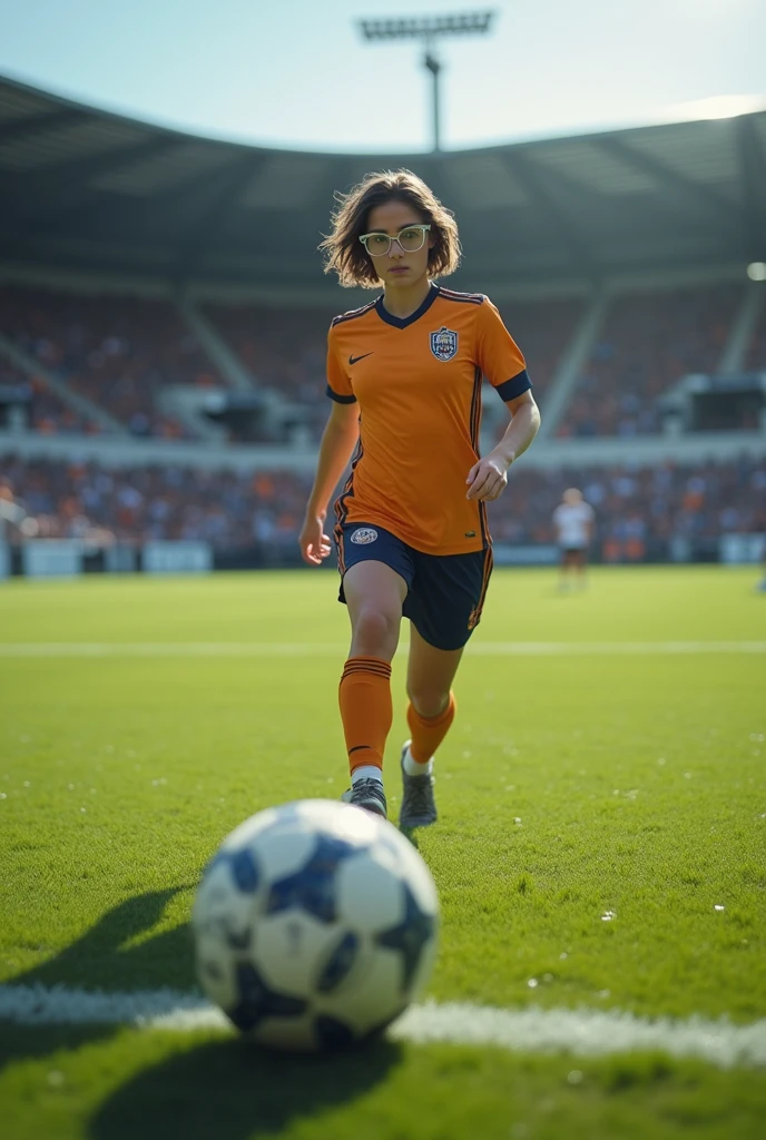 <lora:add_detail:0.5>, best quality, realistic, <lora:Katja_V1:0.85>, 1woman wearing jersey, grass, upper body, orange shirt, holding a soccer ball, outdoors, on soccer field