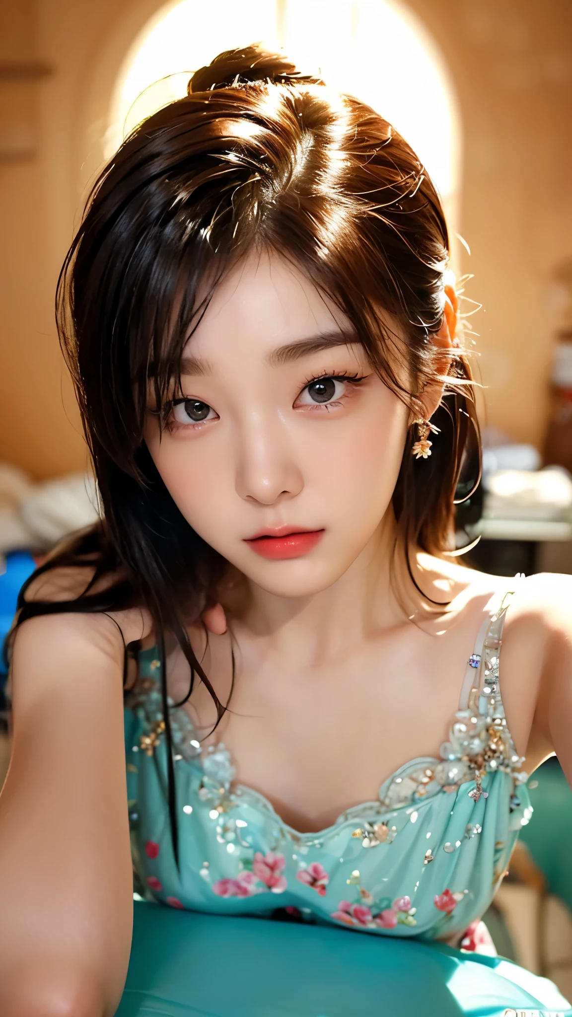(masterpiece), (best quality), (ultra detailed),(disheed hair),(illustration), (1girl), (Fashionable clothing), standing, Fashion model, looking at viewer, (interview), (simple background), Beautiful detailed eyes, delicate beauty, floating, (high saturation), (colorful splash), colorful bubbles, (shine), focus on the face, Ayaka Kamisato, bangs, scrunchies, floating flowers, flowing hair, (shiny), best lighting, best shadows, perfect hands
