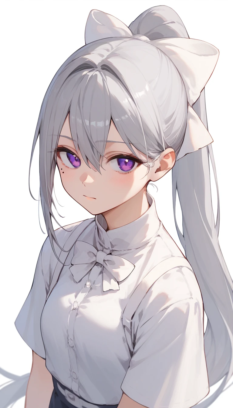  (masterpiece:1.2), ( best quality :1.2),  perfect eyes,  perfect face,  1 girl,hk1, purple eyes, grey hair, hair between eyes, long hair, very long hair, ponytail, mole, mole under eye, bow, white bow