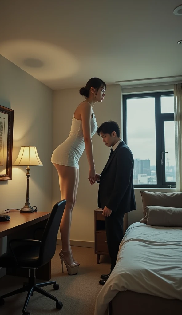 A slim Japanese giantess beauty (15 feet tall) trapped in a small bedroom, side view perspective, her head and shoulders nearly touching the 8-foot ceiling, squatting down with visible strain, hands pressing against ceiling. A regular-sized businessman (5'10") standing beside, looking up in awe. (Extreme size difference:1.4), (scale comparison:1.3), alluring facial features, Chinese beauty standards
 Giantess: Perfect hourglass figure, 15-foot tall, long toned legs in white stockings, S-line body curve, elegant Chinese features, seductive yet embarrassed expression Businessman: 5'10" tall, reaching only to giantess's thigh level, well-fitted black suit, professional appearance, expression of amazement
 Standard 8-foot ceiling height, bedroom furniture appears tiny compared to giantess, forced perspective emphasizing size difference, clear scale reference objects (bed, door, desk), cramped space for giantess but spacious for businessman
 Giantess: Form-fitting mini dress, sheer white stockings with delicate patterns, high heels Businessman: Tailored black suit, tie, polished shoes, briefcase
 Side angle view highlighting dramatic size difference, businessman positioned to show extreme height comparison, forced perspective composition, dynamic tension in space
 Dramatic lighting emphasizing scale, shadows casting size comparison, rim lighting on both figures, ambient occlusion showing space constraints
8k uhd, masterpiece quality, best quality, intricate details, professional photography, perfect composition, precise scaling