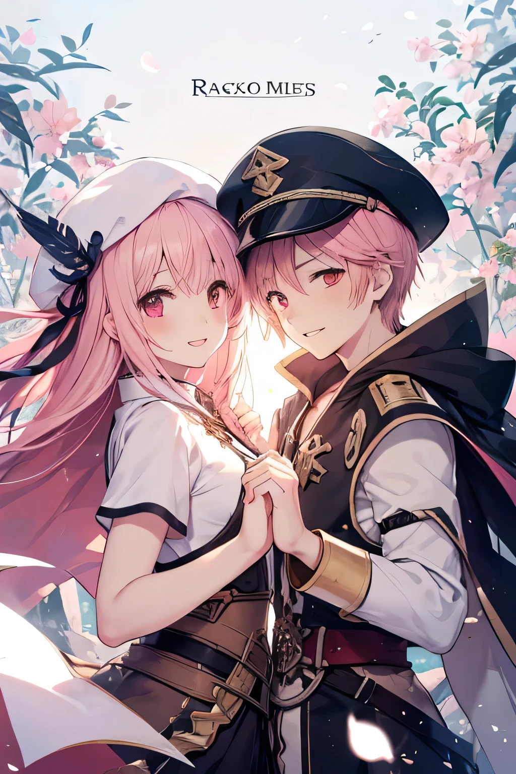 Men's couples(lord knight male),(( ragnarok online )( Feather beret)) And girl smiling ,  shaking hands , ( showing teeth ), standing,  pink hair color, combat pose,  mmorpg background ,  mmorpg background (A stranger), complete anatomy,   graphic effects ,  ornament of an accessory shaped like a flower on her head , aura, Monk black and white uniform( ragnarok online ), white hood( ragnarok online ), height 159 cm  ( 5 feet 3 inches ), hard fists ,  caste summoning circle ability Guillotine Fist((kanji)( ragnarok online ), Blue Fire Force +vapor,  fire around, strong breeze , black and white cat mascot ,  sakura petals and leaves, first person, blush,  looking at the spectator , Charm, Pausa de toque ciego  looking at the spectator , 