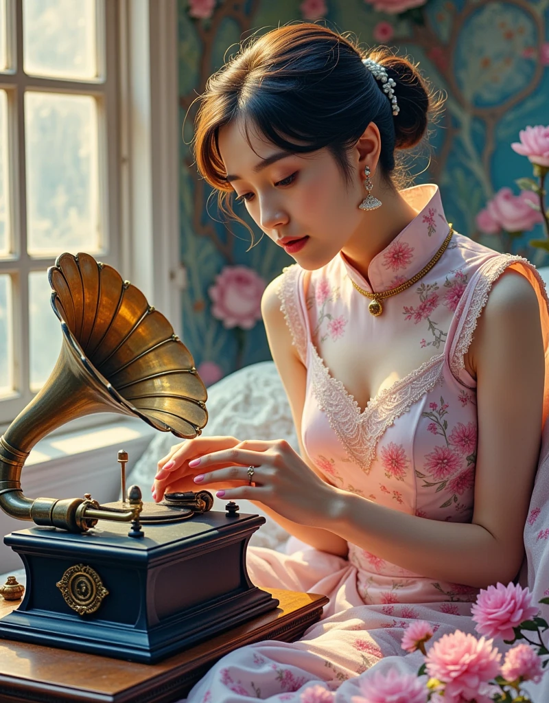 polaroid, film, graininess A Elegant and dignified woman in cheongsam interacting with a vintage-looking phonograph near a bed, insane intricate detail, head slightly tilted, Ambiguous and romantic atmosphere, indistinguishable from reality, film pellet, grain, lens flare, retro, aegyo sal