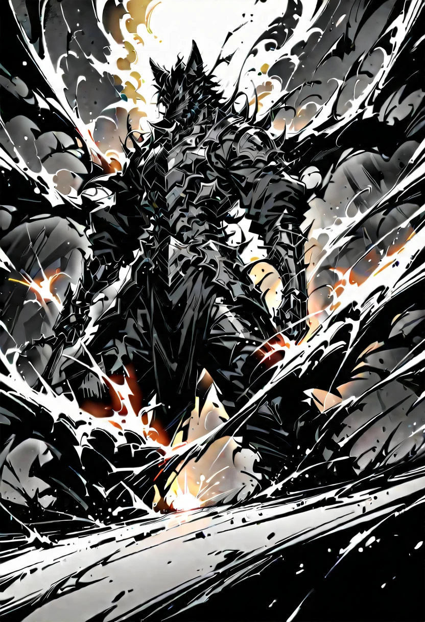 high quality, masterpiece, best detail, full-length, furry black wolf male in black armor with golden feathers and leaves, hands shrouded in golden light, summons vines with thorns from the ground