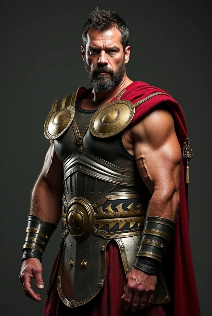 masterpiece, detailed, intricate, epic fantasy, colorful, full body, slight angle, man, 40 years old, hulking, brawny, fitted, ankle wraps, very hairy chest, skimpy revealing outfit, receding hairline, smirk, gladiator, blades, big ancient city background, pointing away, depth of field, particle effects, high quality shadows