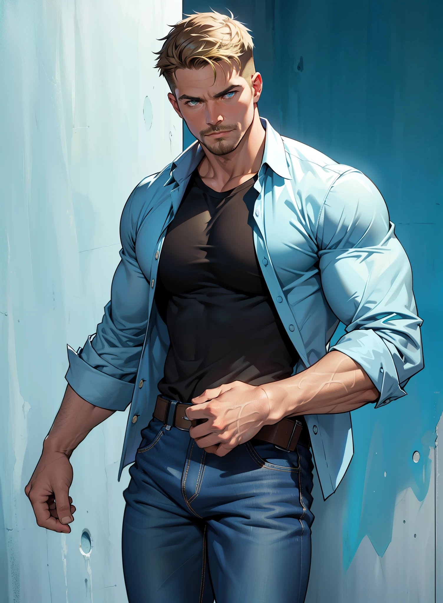 1 man, male focus solo,45 yo man,Stephen AMELL as private investigator,  lean muscle, open blue shirt, marine blue jeans with brown belt ,( big bulge), full body shot, dark blond short hair, well groomed facial hair, holding a gun with one hand, , ultra high quality, masterpiece, ( ever changing background, blue and white and green arabesques lines in the blackground)