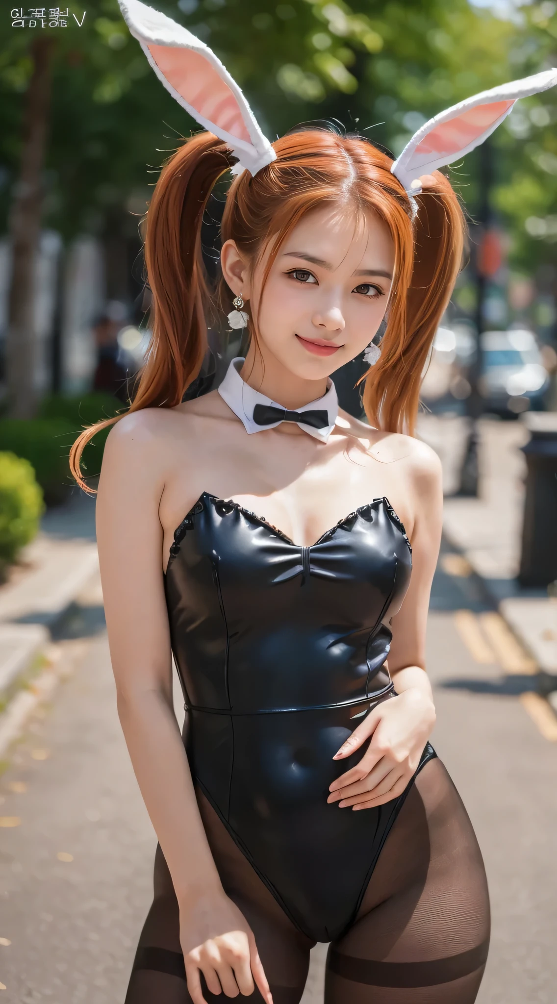 (((masterpiece))), (((Highest quality: 1.4))), ((Very detailed: 1.4)) ,     ulzzang-6500-v1.1, (RAW Photos:1.2), (Photorealistic), (Genuine:1.4), Sharp focus、 Teasing Smile、orange hair.earrings、twintails、 bunnysuit, pantyhose, fake bunny ears,wrist Ring, bowtie,she has red bow around her neck .