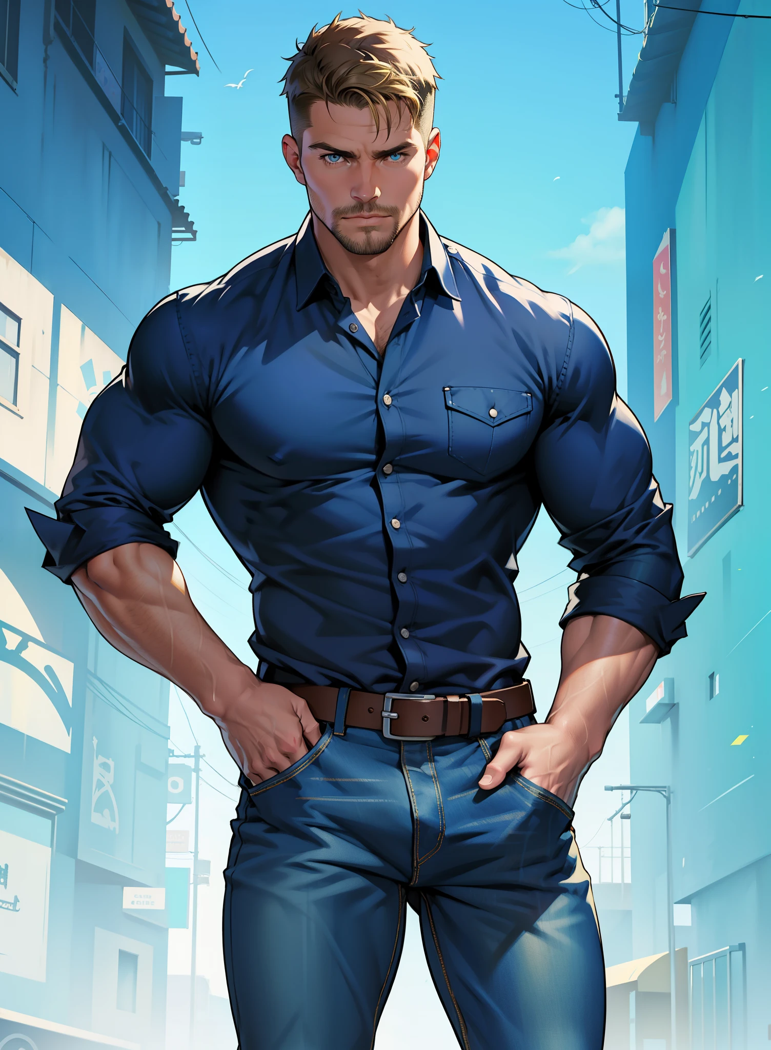 1 man, male focus solo,45 yo man,Stephen AMELL as private investigator,  lean muscle, open blue shirt, marine blue jeans with brown belt ,( big bulge), full body shot, dark blond short hair, well groomed facial hair, holding a gun with one hand, , ultra high quality, masterpiece, ( ever changing background, blue and white and green arabesques lines in the blackground)