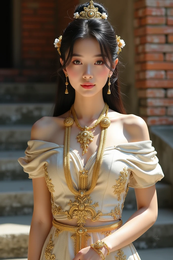 (((best quality))), (((ultra detailed))), (((masterpiece))), illustration, A Cambodian princess in traditional costume at Angkor Wat, beautiful,solo,slim,thin,flat chest,shoulder length straight hair, standing,arms behind back,delicate features, bright eyes, graceful, dignity,gentle breeze, ancient temple ruins, Cambodian patterns, beads, pearls, luxurious dress, traditional sandals, national pride, small Cambodian flag, intricate carvings, historical significance, setting sun, golden glow, radiance, regal, beauty, cultural richness, Cambodia, resilience, pride, rich history, cultural heritage, diversity, traditions, values,upper body,from front